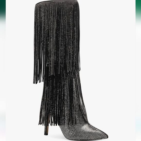 I.N.C. size 6 Ishani Black Rhinestone Studded Fringe Boot, NEW - Picture 1 of 16